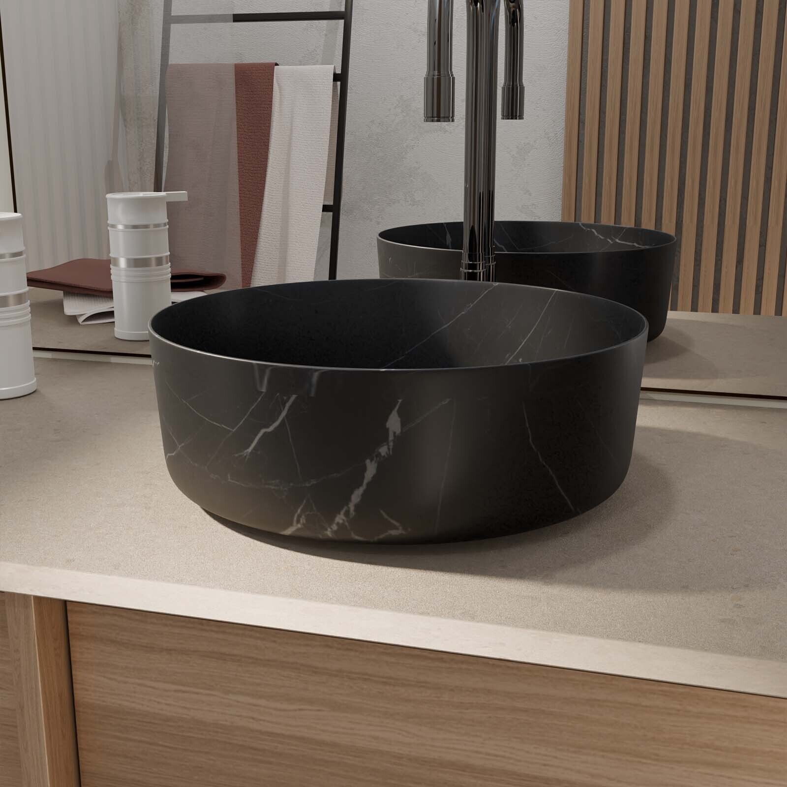 Vasque à poser ronde en céramique noire mat effet marbre 36x12 cm - BLACK MARBLE