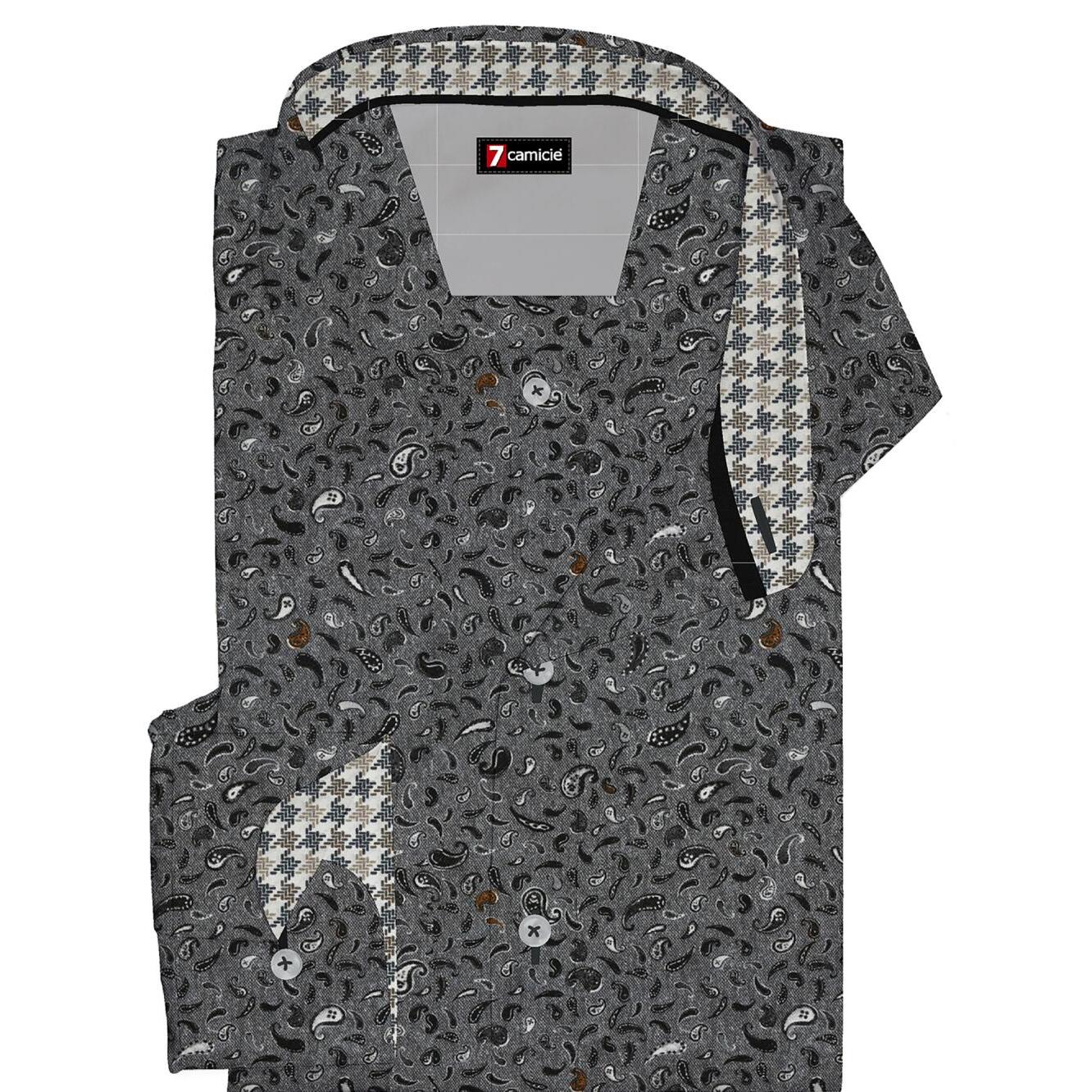 Camicia Uomo 1 Bottone Francese Slim Cotone Fantasia Grigio/Nero