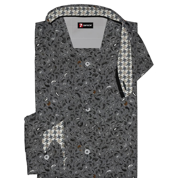 Camicia Uomo 1 Bottone Francese Slim Cotone Fantasia Grigio/Nero