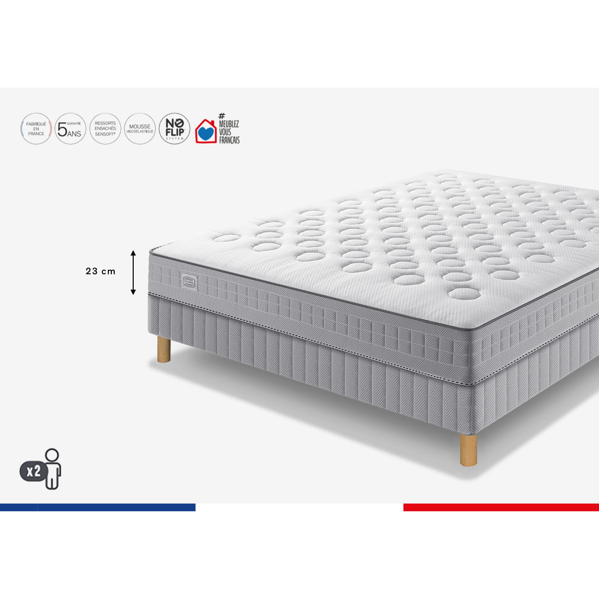 Ensemble INITIAL matelas H23 ressort ensachés, ferme, sommier
