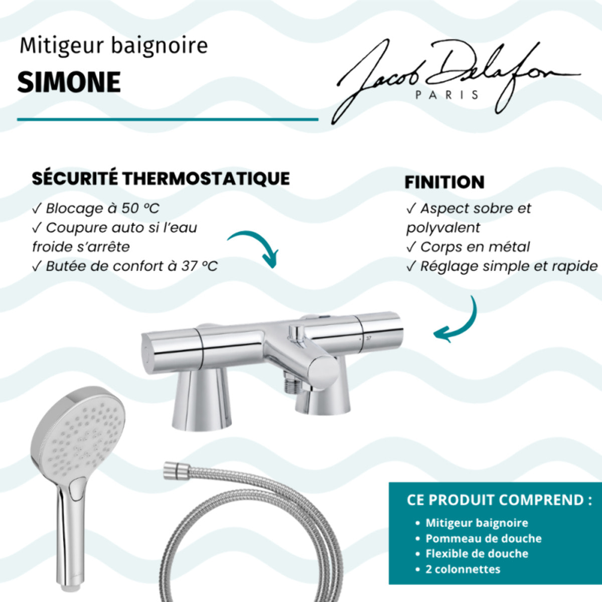 Mitigeur baignoire Simone + pommeau de douche Metro + flexible de douche métal + colonnettes