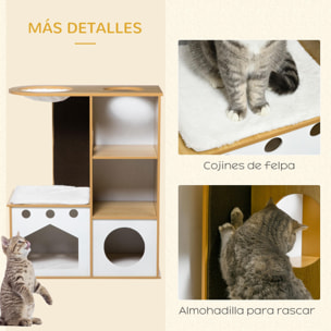 Árbol Rascador para Gatos de Madera 92,5 cm Torre para Gatos para Gatitos de Interior con 2 Cuevas Rascador Hamaca y Cojines de Felpa 76x37x92,5 cm Roble