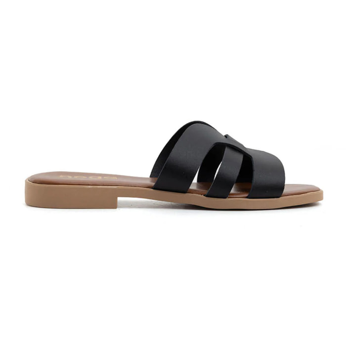 Ciabatta slide con fasce incrociate in vera pelle - NERO