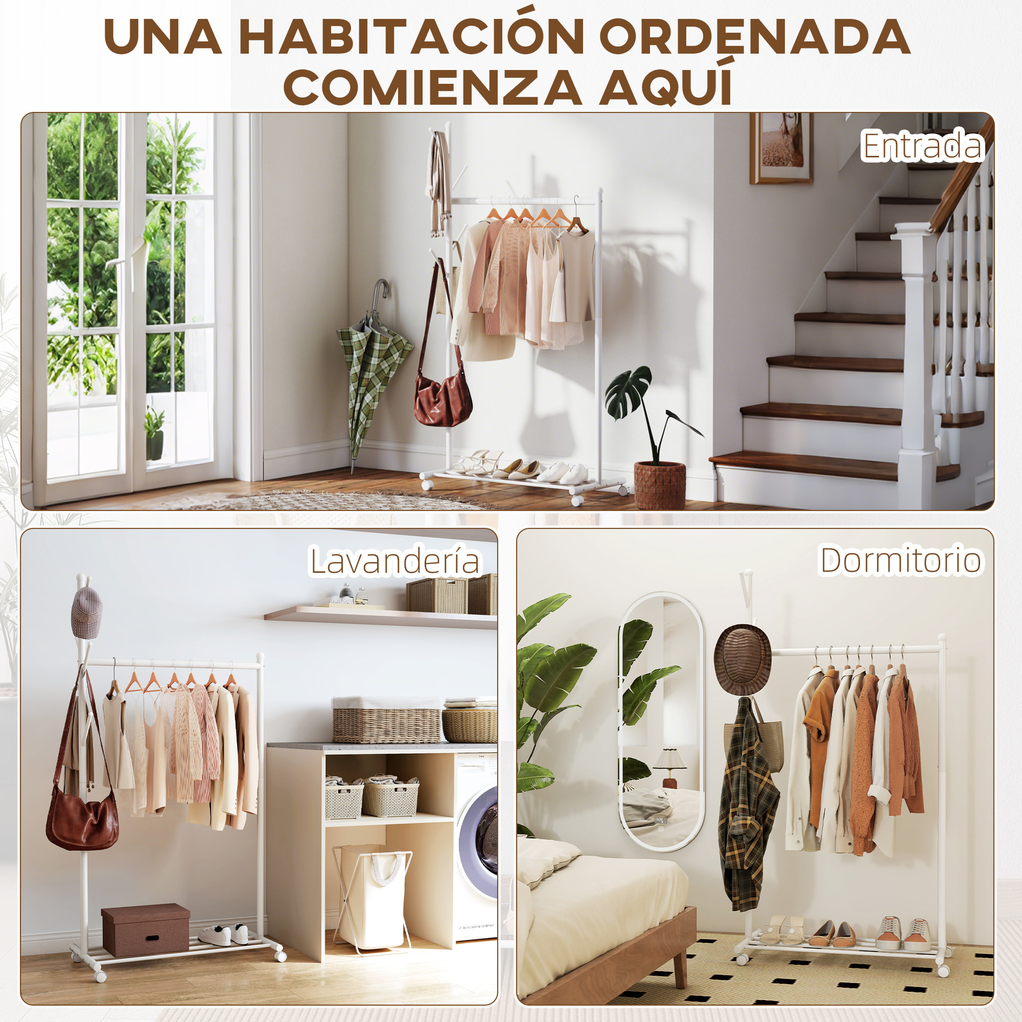Burro Ropa con Ruedas, Perchero Burro Ropa con 5 Ganchos Barra para Colgar y Balda Inferior Perchero para Recibidor, Entrada, Dormitorio, 86x43x171 cm, Blanco