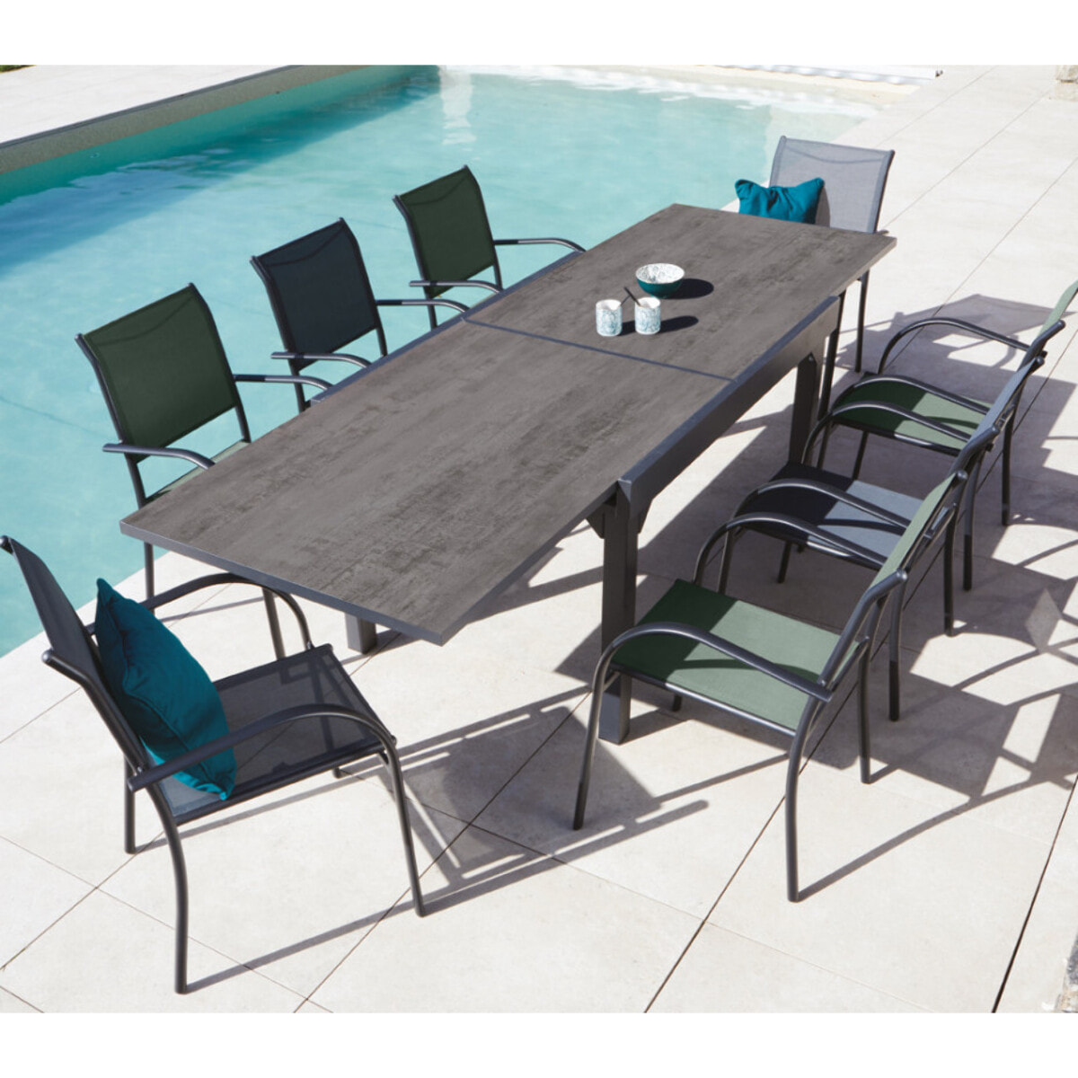 Ensemble table et chaises de jardin  - gris et vert sauge - HONFLEUR XL SPC BEZIERS ardoise