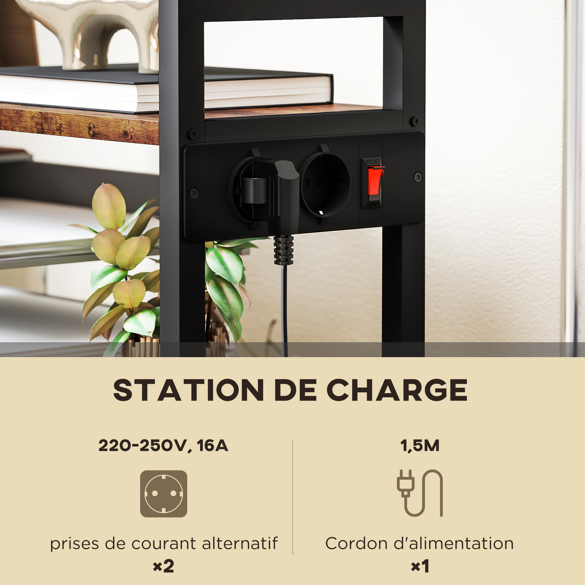 Support d'imprimante meuble photocopieur 2 prises secteur intégrées roulettes 4 étagères