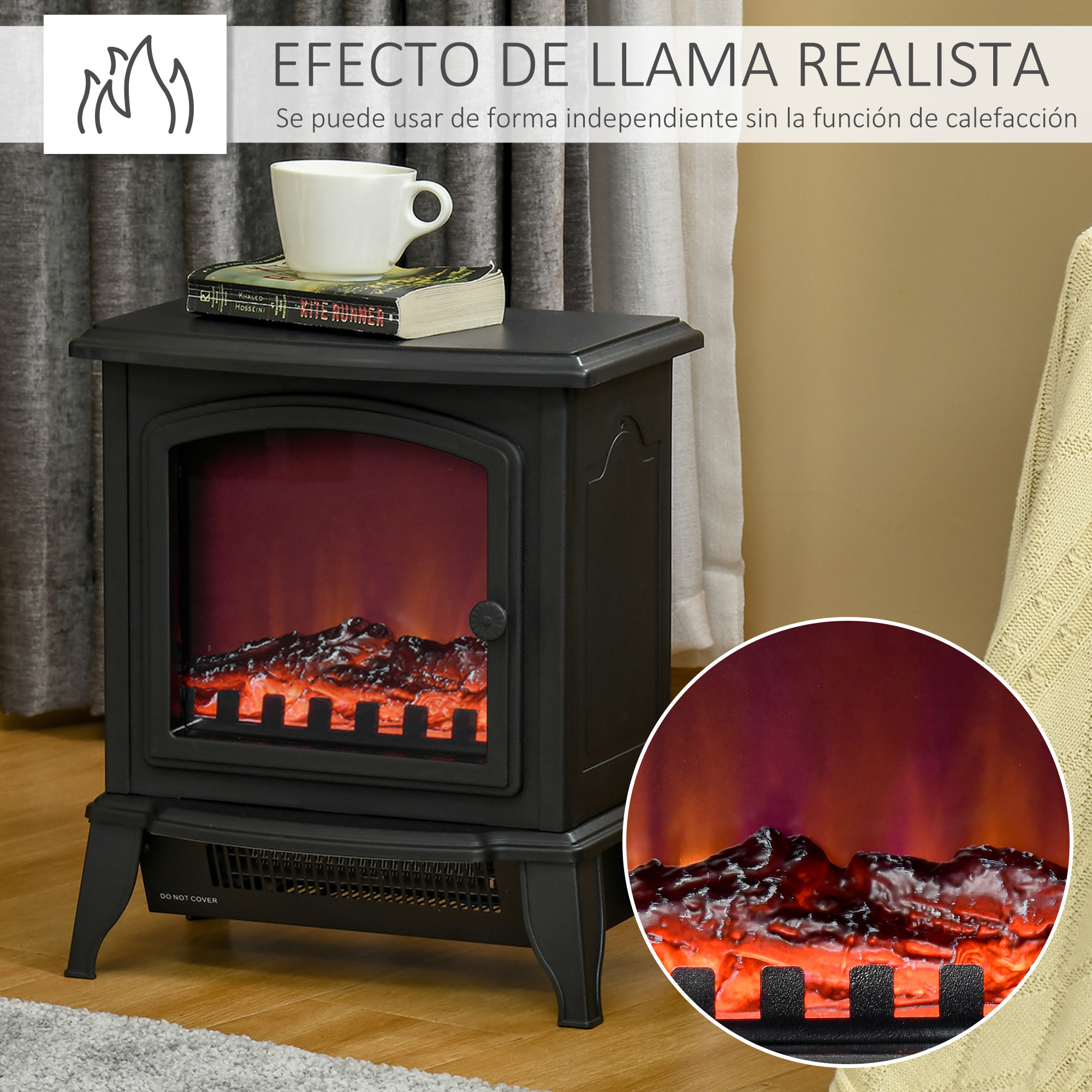 Chimenea Eléctrica Portátil 1000/2000W con Llama Simulada Termostato Ajustable y Protección Sobrecalentamiento para Salas de hasta 25m² 36,5x24x45,5 cm Negro