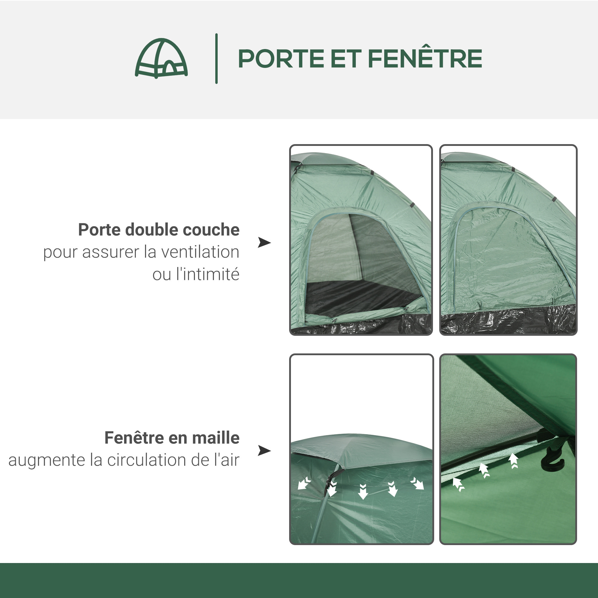 Tente de camping 2 personnes dim. 206L x 152l x 110H cm - portes zippée, poche rangement sac de transport inclus - fibre verre polyester Oxford vert