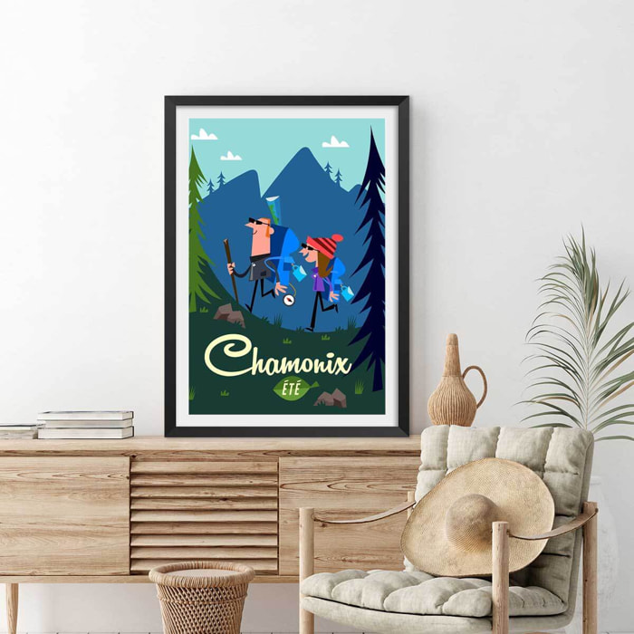 Poster de rando à chamonix Affiche + cadre en bois - Noir