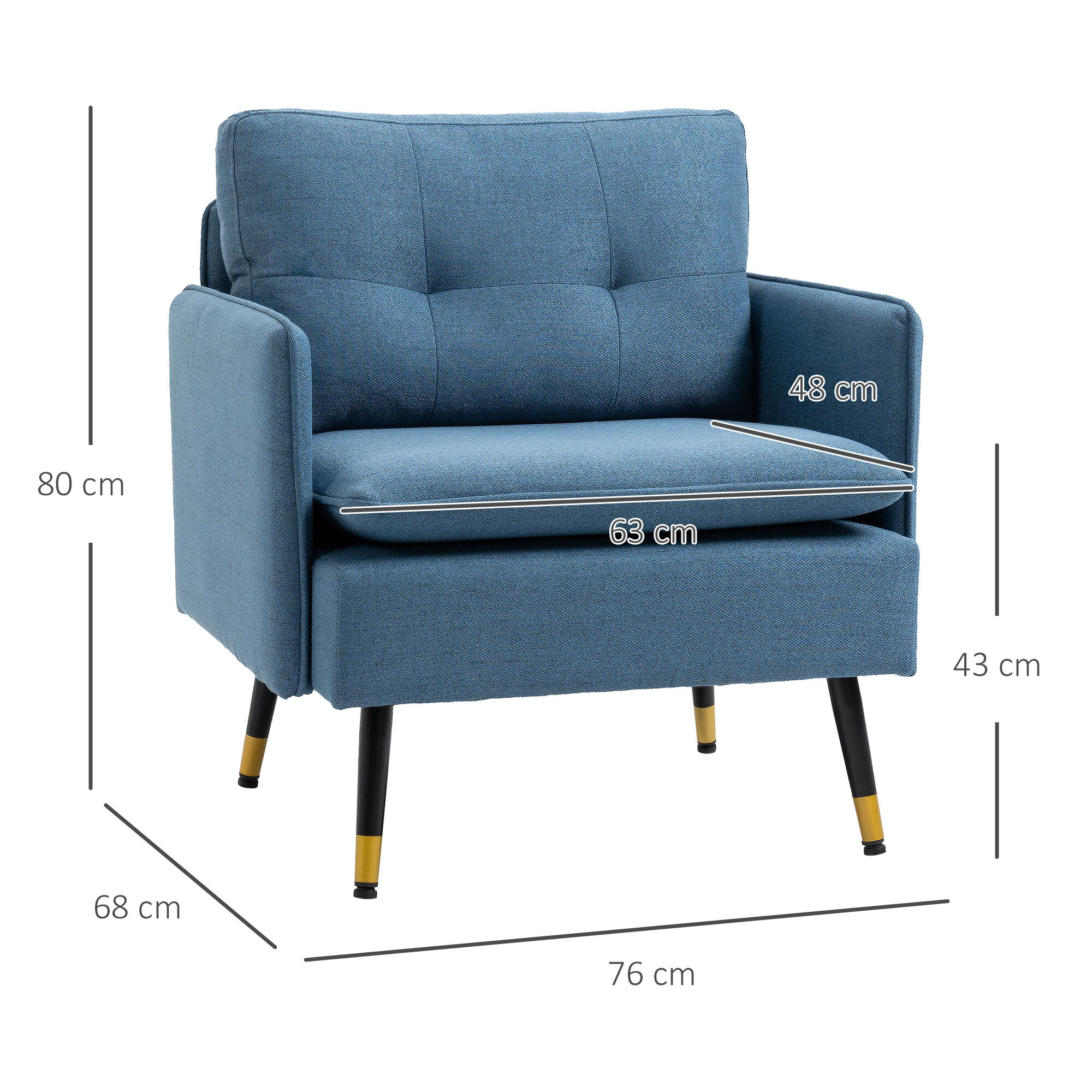 Butaca de Salón Sillón Relax con Reposabrazos Asiento Acolchado y Patas de Acero Sofá Individual de Moderno para Dormitorio 76x68x80 cm Azul Oscuro