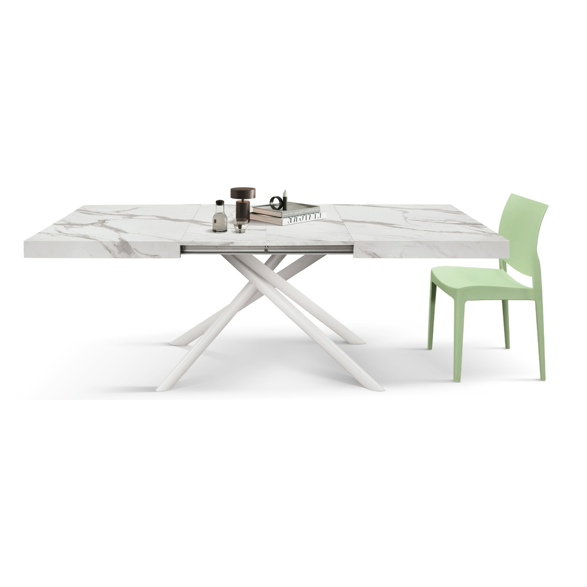 Tavolo CARRARA in legno, finitura bianco statuario e gambe in metallo bianco, allungabile 160x90 cm - 240x90 cm