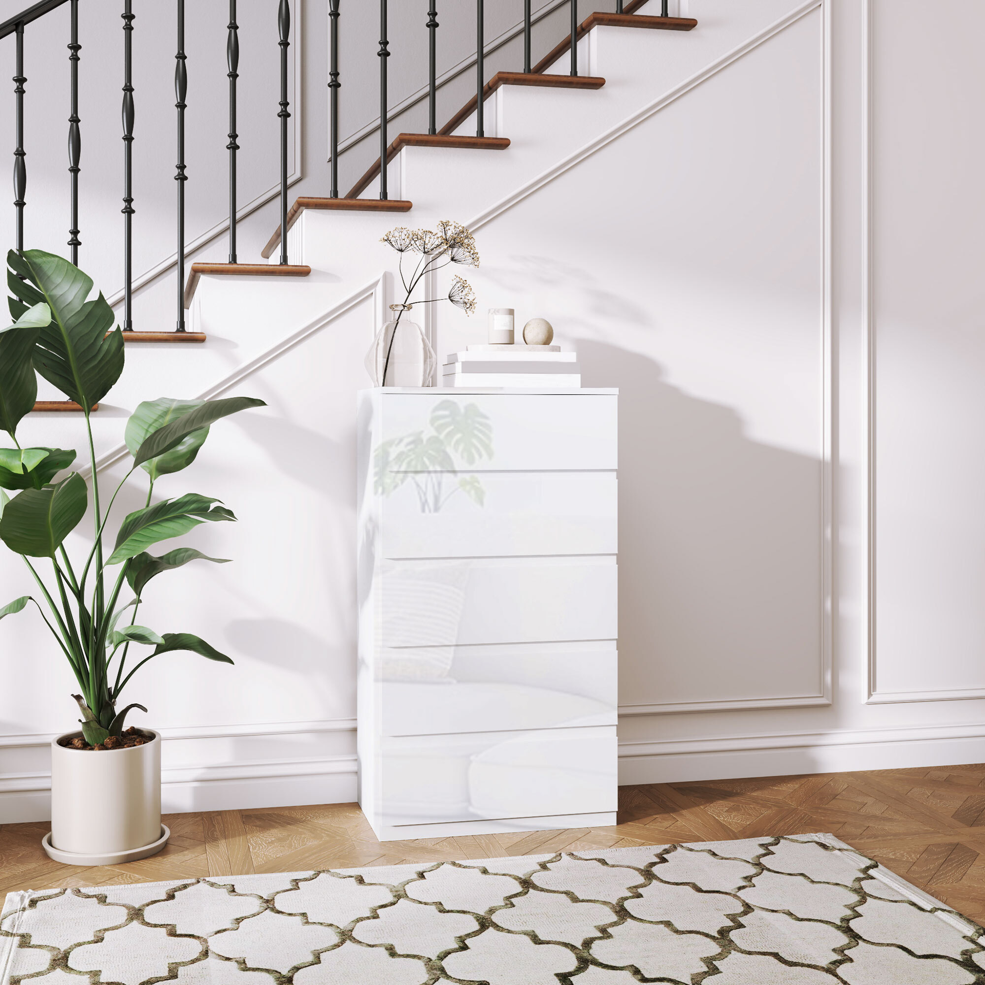 Cómoda con 5 Cajones Cómoda de Dormitorio Moderno con Diseño Anti-vuelco Cajonera para Salón Pasillo 55x33x100 cm Blanco Brillante