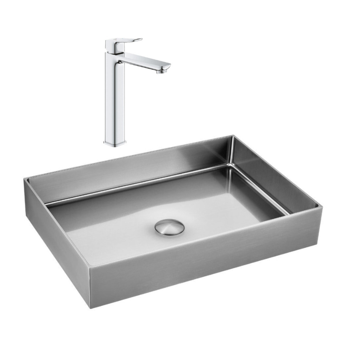 Vasque à poser acier inoxydable 304 55x38x10 cm Ceramia avec bonde + mitigeur lavabo Grohe Dice (TMLBCR1018920000)