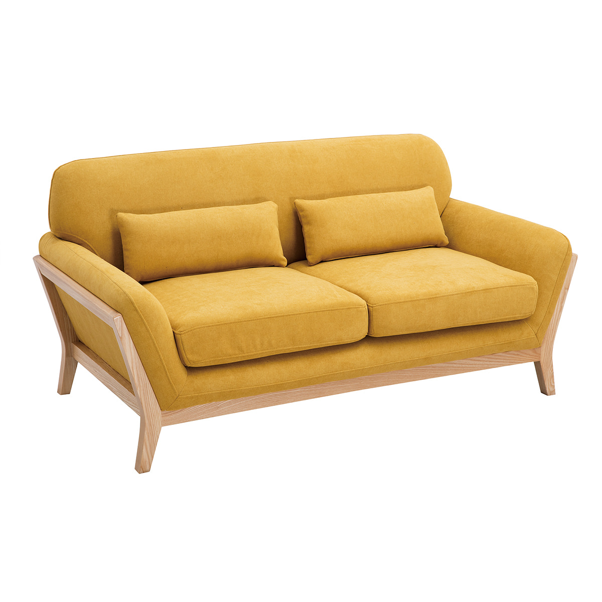 Canapé scandinave 2 places en tissu effet velours jaune moutarde et bois clair YOKO