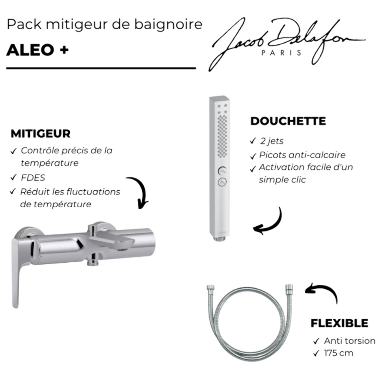 Pack mitigeur bain douche Aléo+ + douchette Shift+ carée + flexible à écrou 175 cm