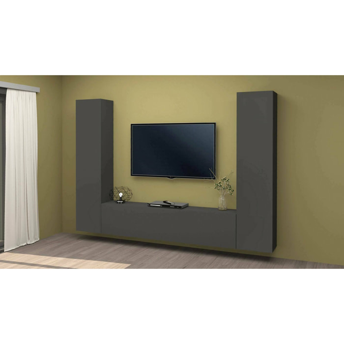 Parete attrezzata Natasha, Set salotto porta TV a 3 ante, Mobile soggiorno multiuso, 100% Made in Italy, cm 260x30h180, Antracite