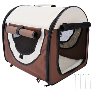 Sac de transport pour chien et chat pliable - poignée, entrée zippée, fenêtres maillées enroulables- coussin inclus - acier oxford marron beige