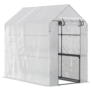 Serre de jardin 2 tablettes dim. 1,86L x 1,2l x 1,9H m porte déroulante acier PE haute densité 140 g/m² transparent blanc