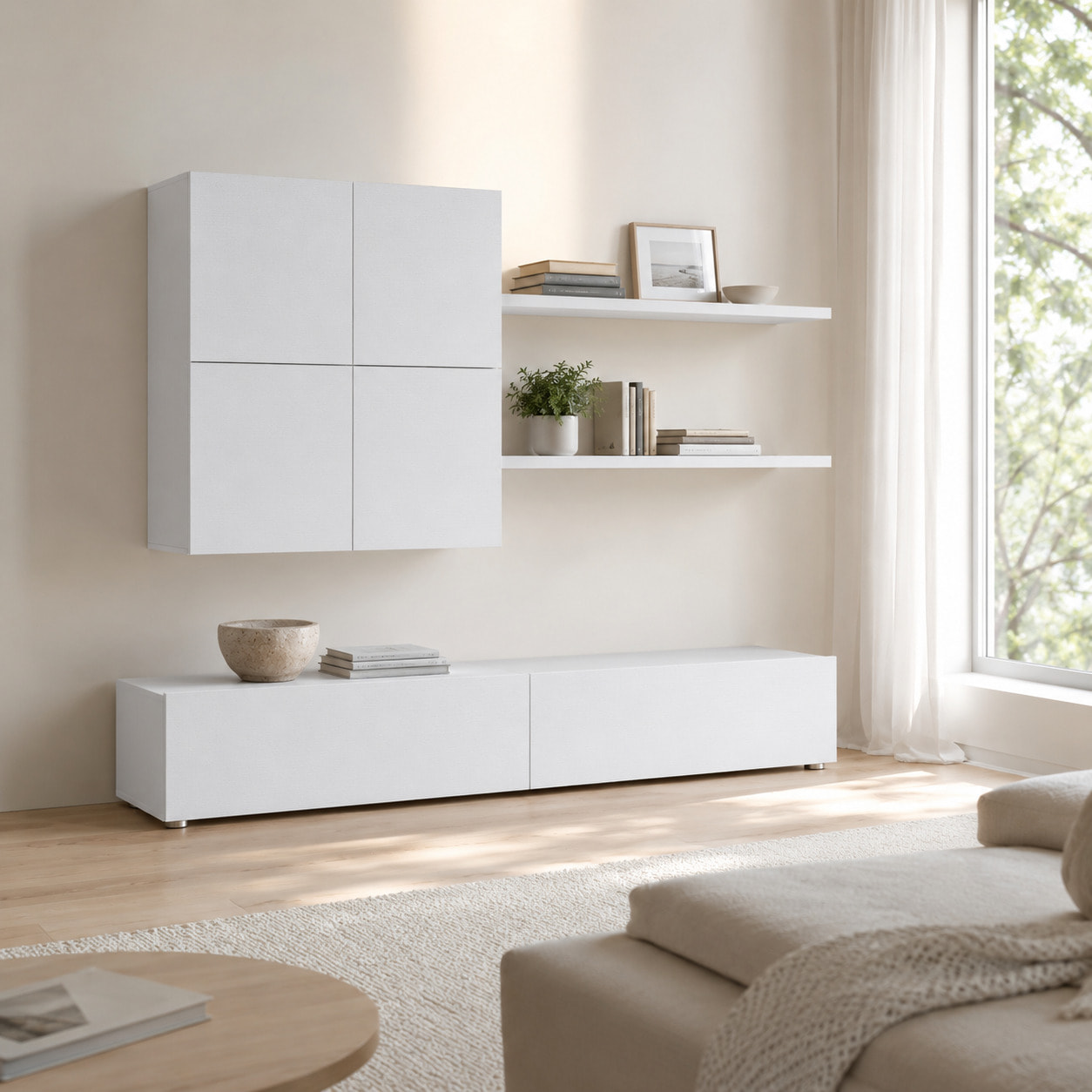 Parete Attrezzata Mobile Soggiorno Moderno Con Base TV 2 Ante Pensile 4 Ante e 2 Mensole Design Contemporaneo in Melaminico 200 x 194 x 40 cm Bianco