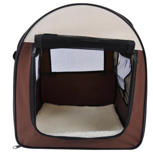 Sac de transport pour chien et chat pliable - poignée, entrée zippée, fenêtres maillées enroulables- coussin inclus - acier oxford marron beige