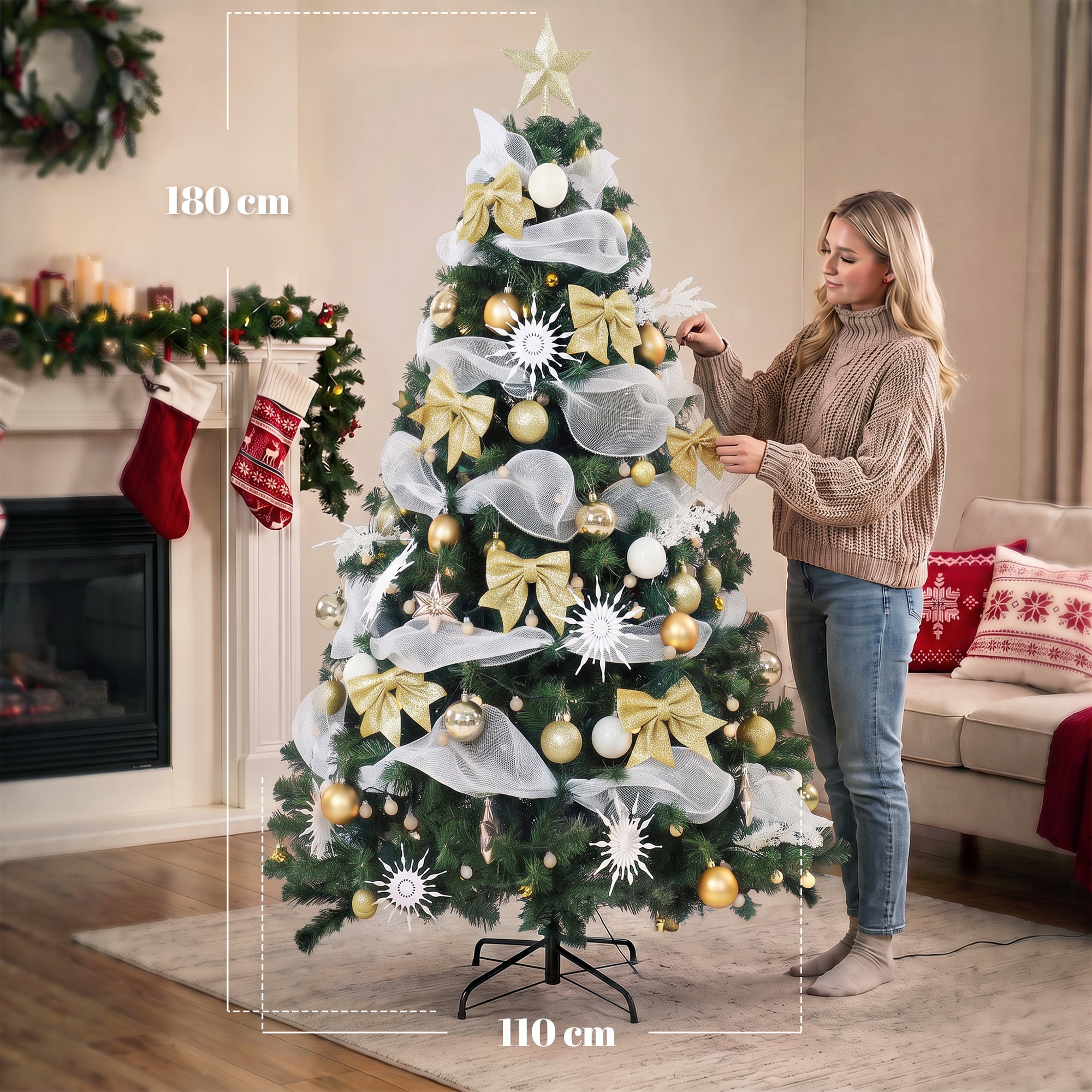HOMCOM Árbol de Navidad con 200 LED Blanco Cálido, 180 cm, Árbol de Navidad Predecorado, 800 Ramas, 8 Modos, Bolas, Cintas y Lazos, Mando a Distancia, Base Metálica Plegable, Funciona con USB, Verde
