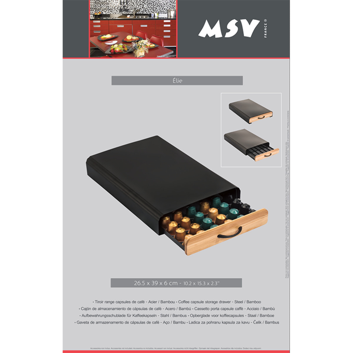 Tiroir de rangement pour capsules Nespresso Design industriel Bambou & Acier ELIE Noir mat MSV