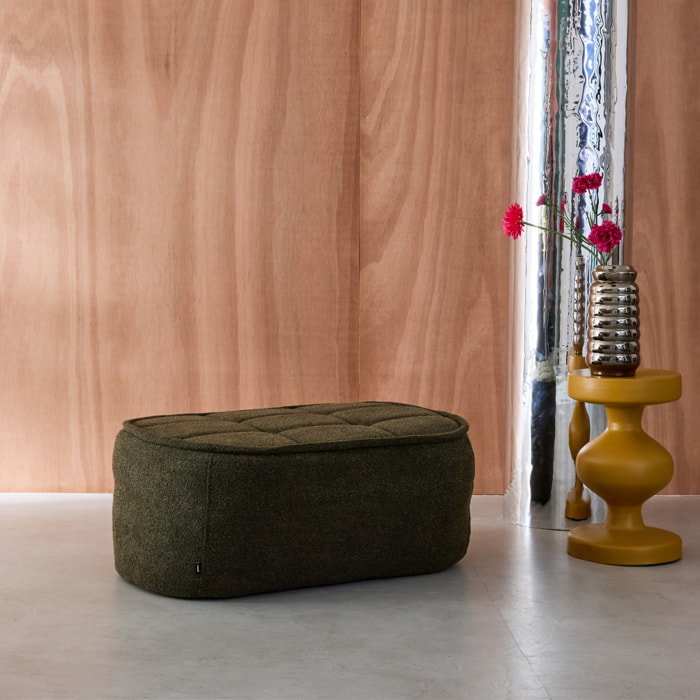 Pouf. repose-pieds pour chauffeuse 1 place Boni bouclette texturée kaki L 91 x P 63 x H 40cm - Boni