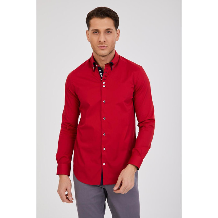 Camicia Uomo 1 Bottone Button Down Doppio Collo Piccolo Popeline Stretch Unito Rosso