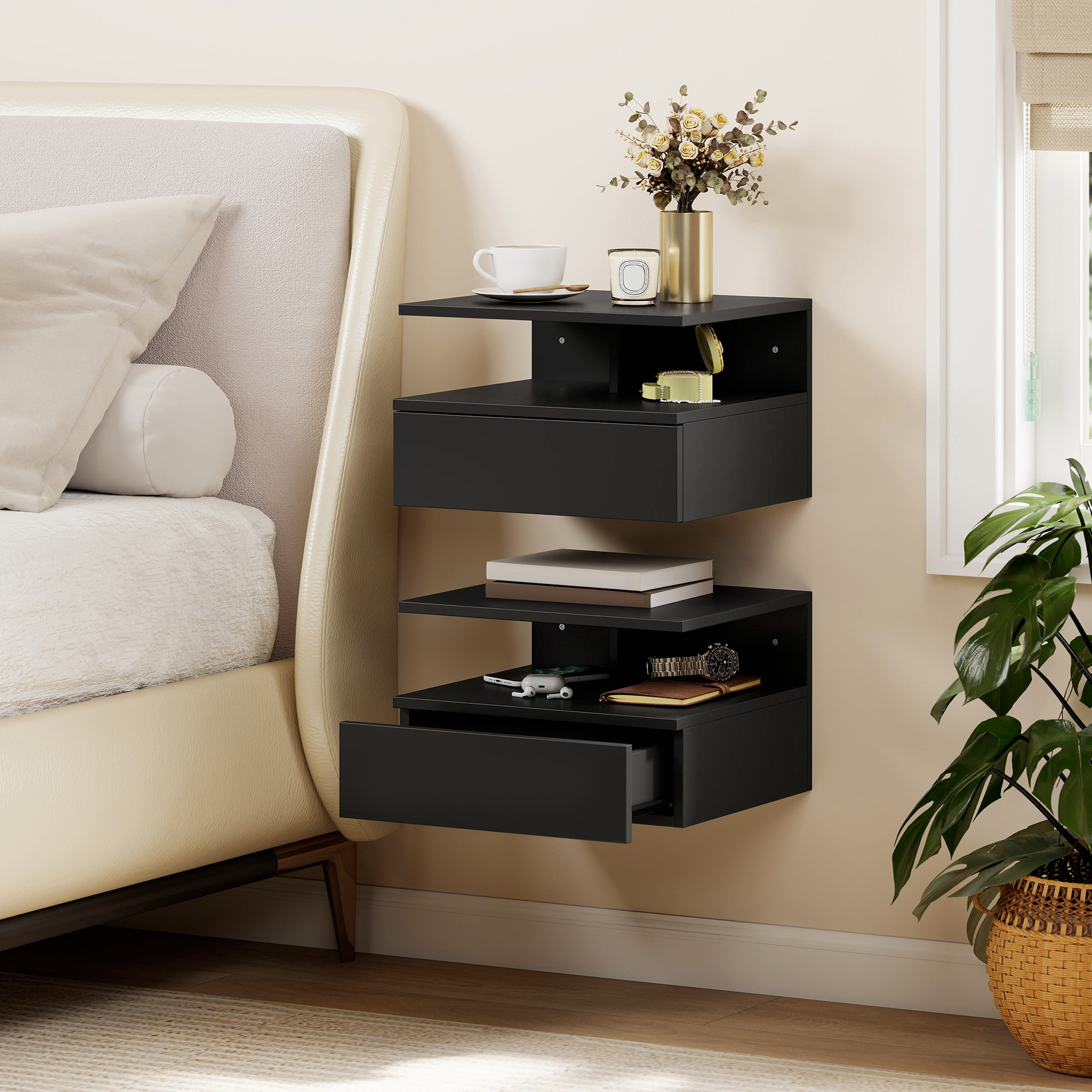 Juego de 2 Mesitas de Noche Flotantes con Cajón, Mesillas de Noche Dormitorio, Montado en la Pared, Estilo Moderno, para Sala de Estar, 35x32x22,5 cm, Negro