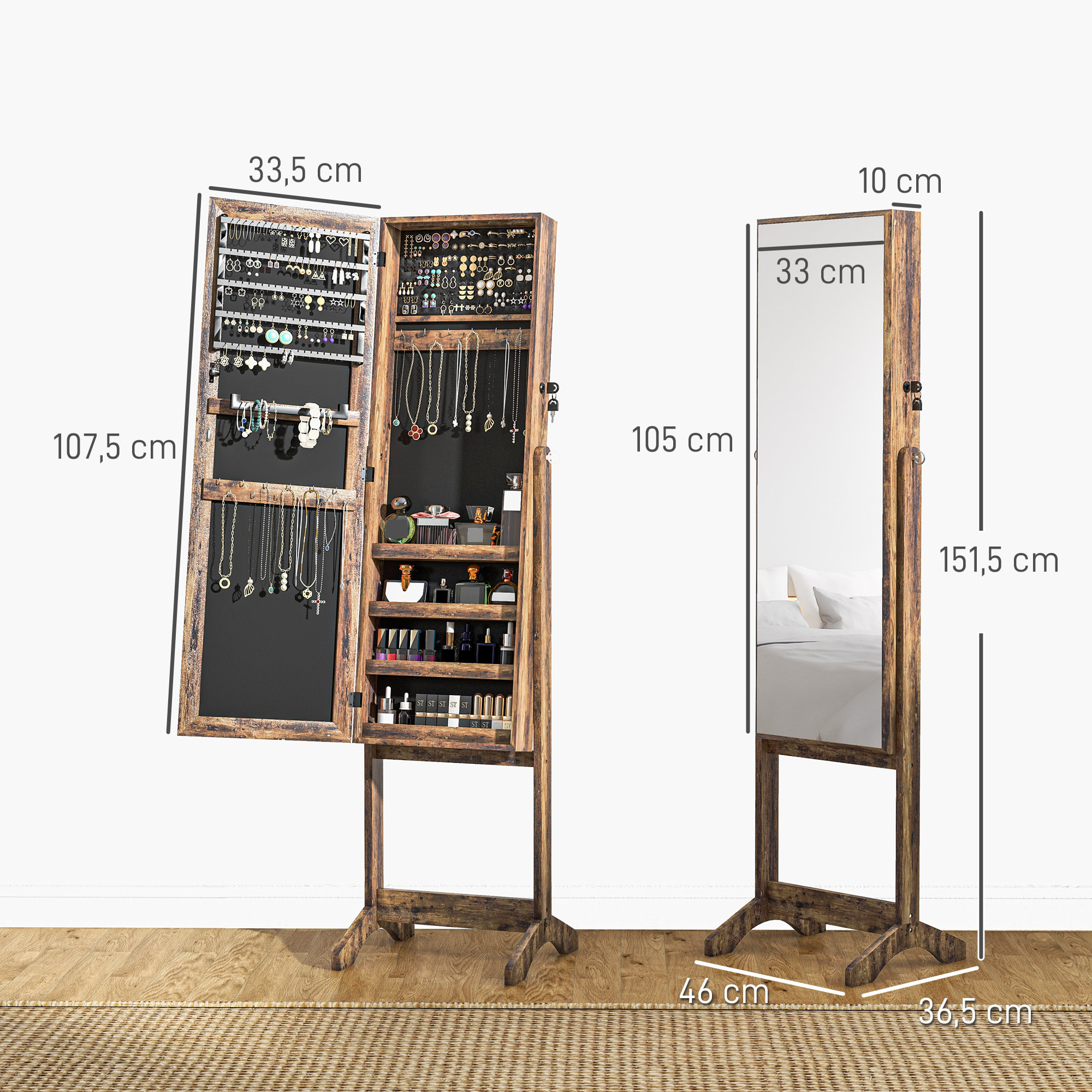 Espejo Joyero de Pie Armario de Joyería con 3 Ángulos Ajustables Cerradura Magnética Organizador de Joyas con Estantes Ranuras para Pendientes Anillos Collares 46x36,5x151,5 cm Marrón Rústico