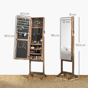 Espejo Joyero de Pie Armario de Joyería con 3 Ángulos Ajustables Cerradura Magnética Organizador de Joyas con Estantes Ranuras para Pendientes Anillos Collares 46x36,5x151,5 cm Marrón Rústico