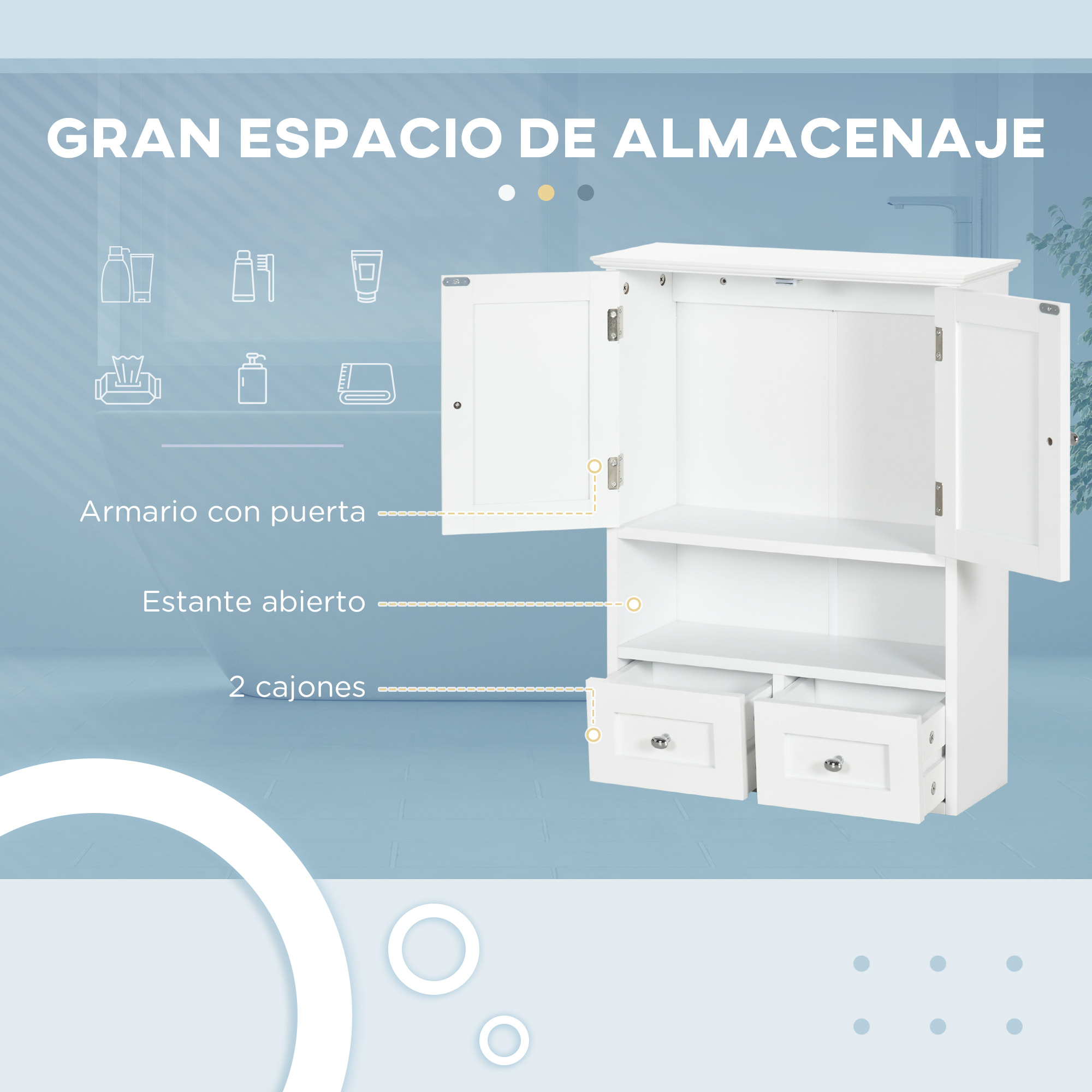 Armario de Pared para Baño Armario Colgante Mueble Suspendido de Baño con 2 Puertas y 2 Cajones para Cocina Estilo Moderno 50,8x17,8x66 cm Blanco