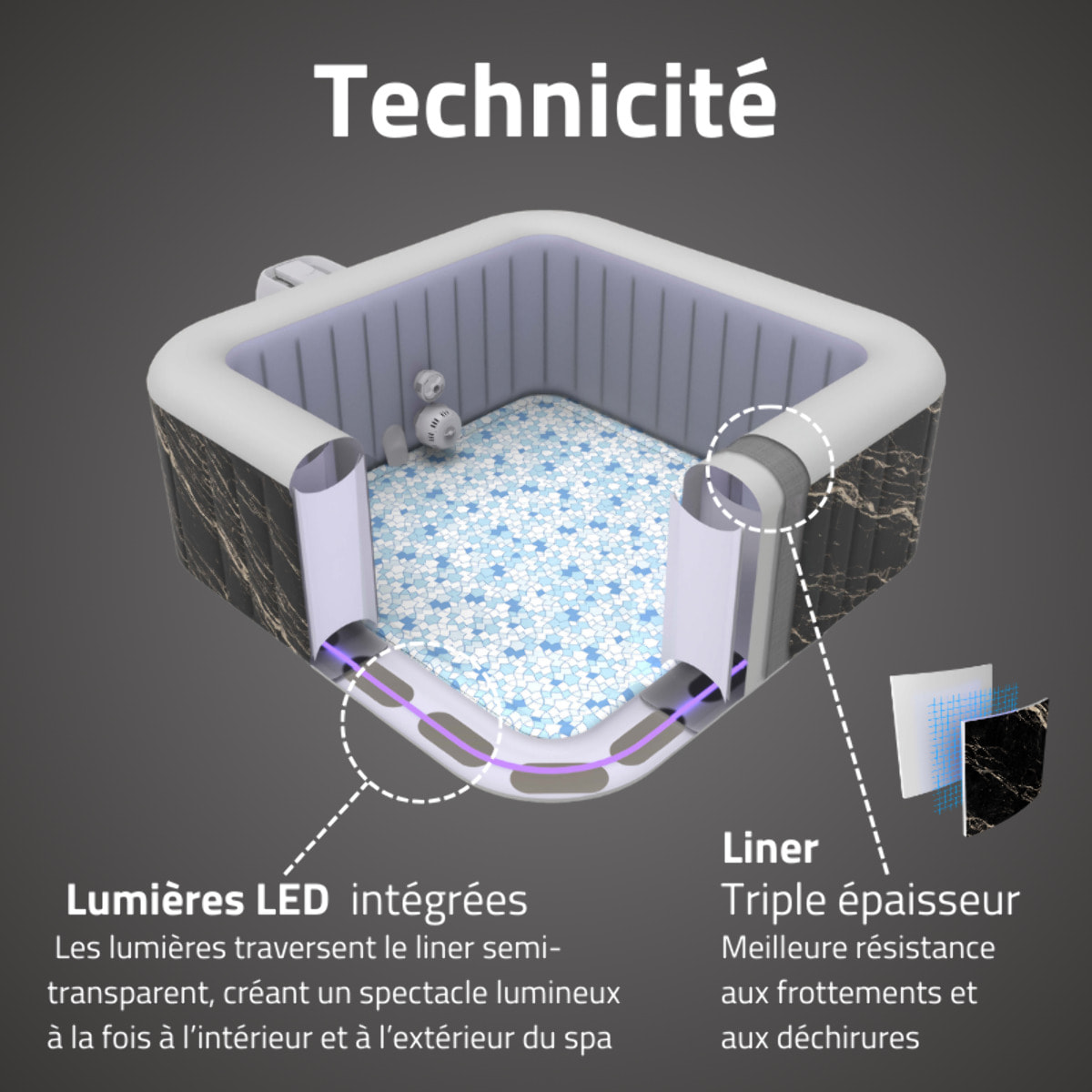 Bestway Spa gonflable carré Lay-Z-Spa Hollywood Luxe AirJet LED 4-6 personnes