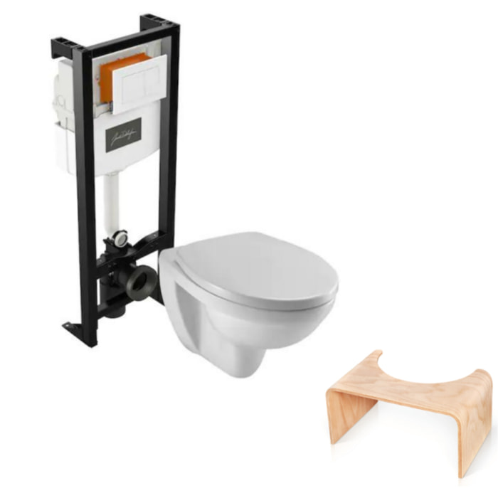 Pack WC suspendu sans bride Patio + tabouret physiologique bois