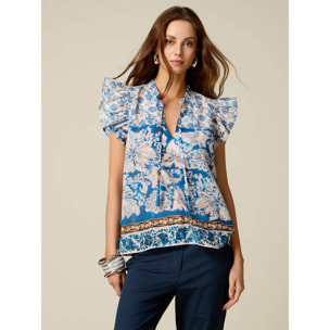 Oltre - Blusa in mussola di cotone fantasia - Blu