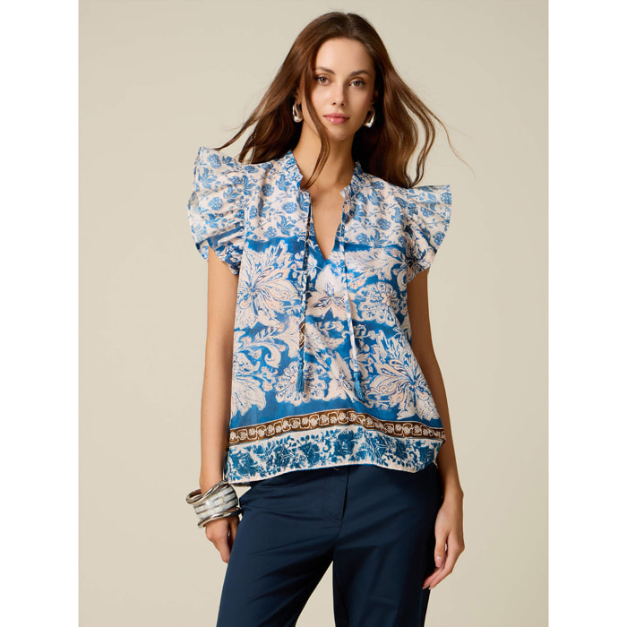Oltre - Blusa in mussola di cotone fantasia - Blu