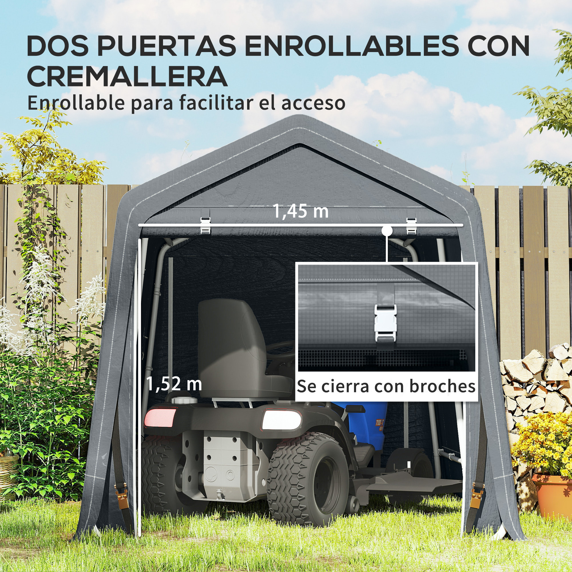 Carpa de Jardín Exterior para Herramientas, Bicicletas, 2,4x2x2 m, Cobertizo Exterior con Marco de Metal, Puerta Enrollable con Cremallera, Impermeable, Anti-UV, Garaje Portátil, Gris Oscuro