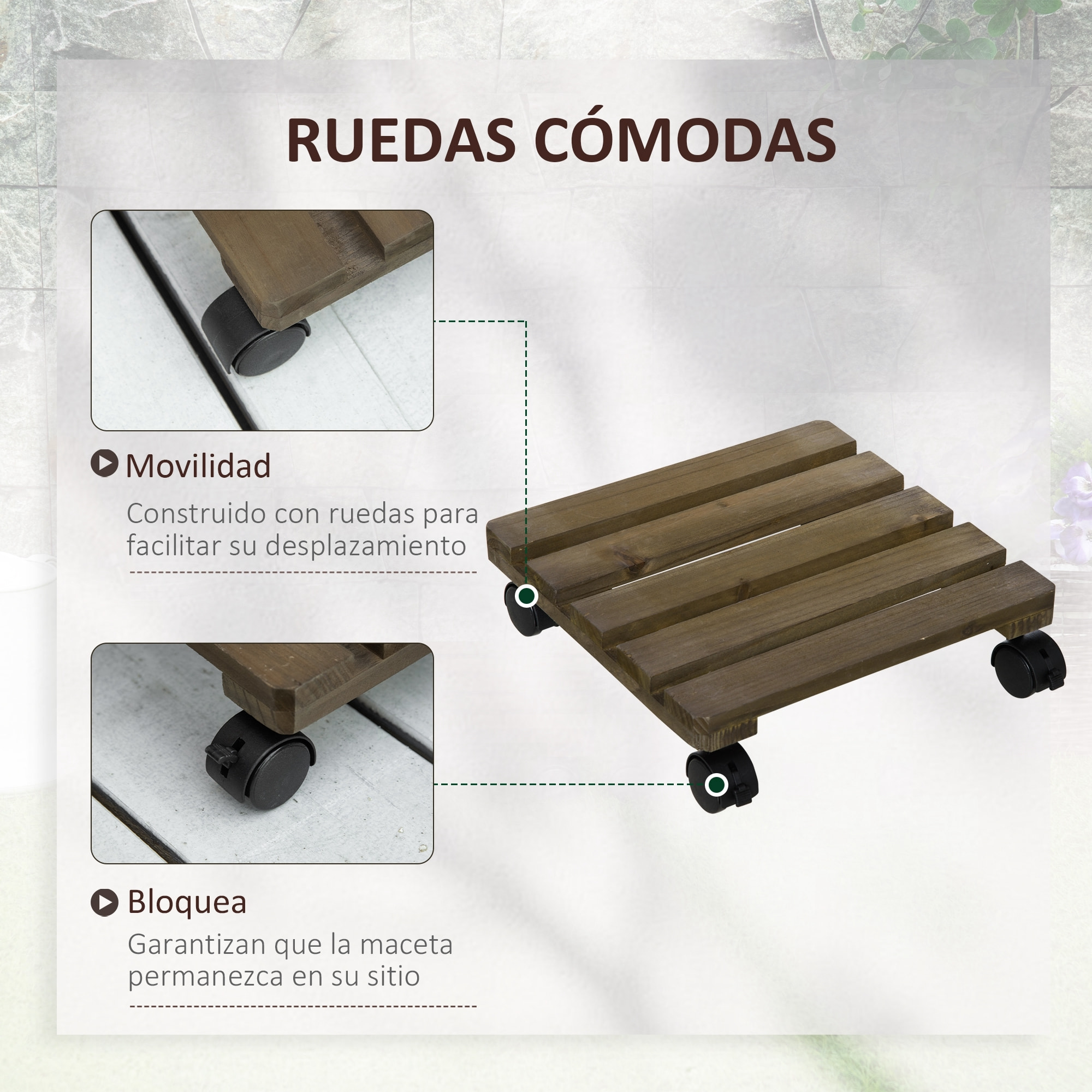 Pack de 2 Plataformas con Ruedas de Madera, Soportes para Plantas con Ruedas 360 ° Giratorias Bloqueables, Bases para Macetas, Exterior, Interior, Jardín, Carga 50 kg, Marrón Oscuro