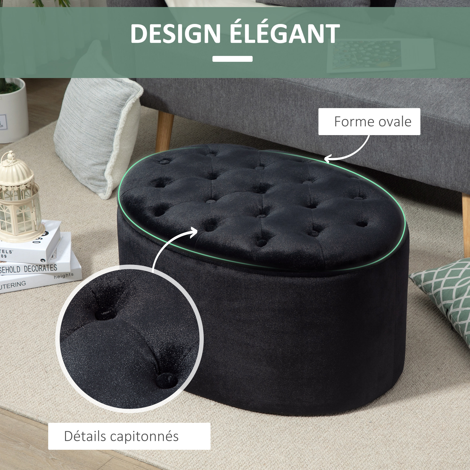 Pouf ovale style Chesterfield plateau assise capitonné rembourré dim. 71 x 52 x 42 cm velours noir