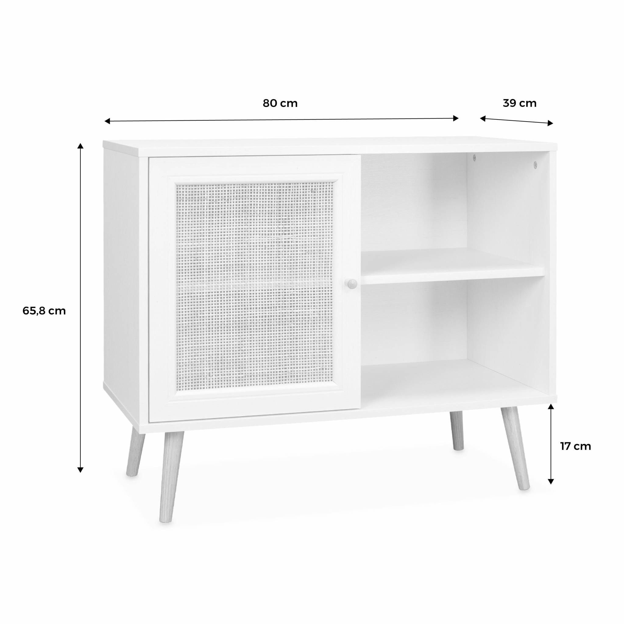 Meuble de rangement en cannage 80x39x65.8cm  Bohème - Blanc -  2 niveaux - 1 porte -  pieds scandinaves. buffet bas