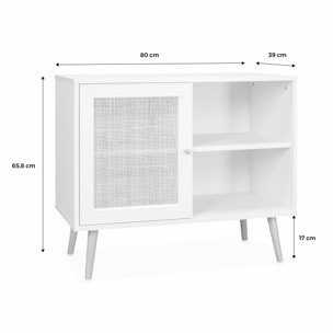 Meuble de rangement en cannage 80x39x65.8cm  Bohème - Blanc -  2 niveaux - 1 porte -  pieds scandinaves. buffet bas