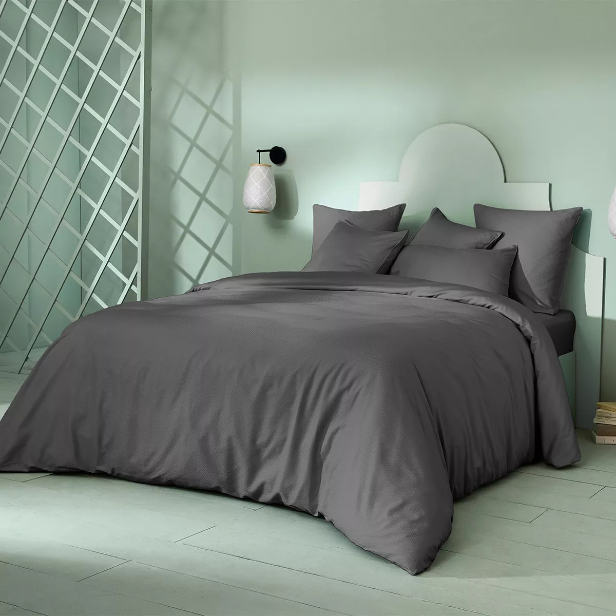 Housse de couette satin de coton motif jacquard anthracite Vibrato metal