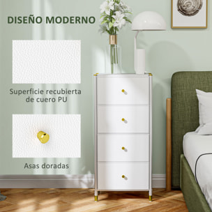 Cómoda para Dormitorio Cajonera de Tela con 4 Cajones Plegables con Frentes de PU y Marco de Acero Cajonera para Dormitorio Salón Blanco