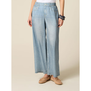 Oltre - Pantaloni palazzo in raso effetto denim - Azzurro
