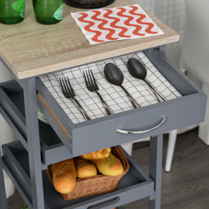 Chariot de service desserte de cuisine à roulettes 2 plateaux amovibles, tiroir, étagère MDF chêne clair bois pin gris
