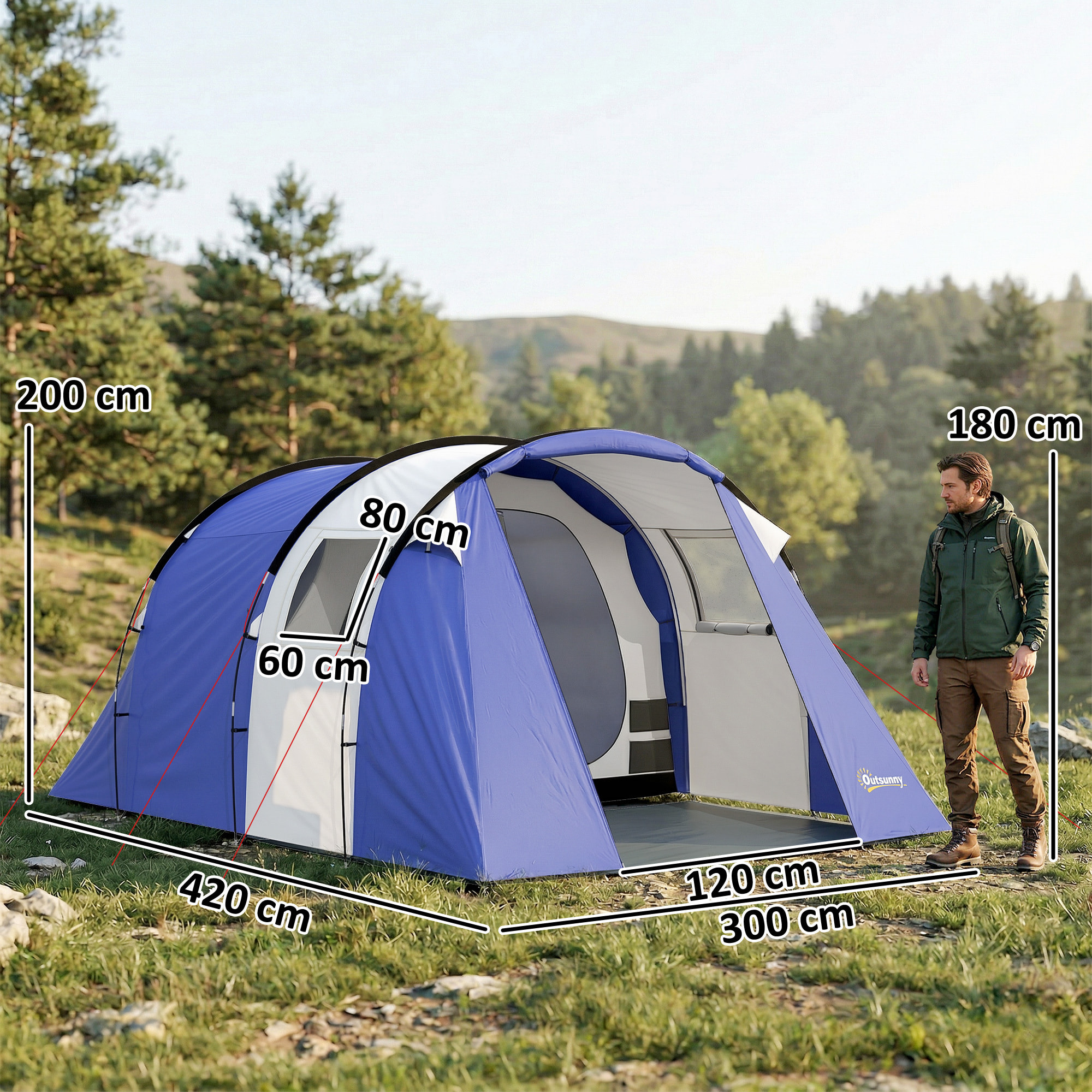 Tente de camping 4 pers. chambre + séjour imperméable 3000mm - 4,20x3x2m - bleu