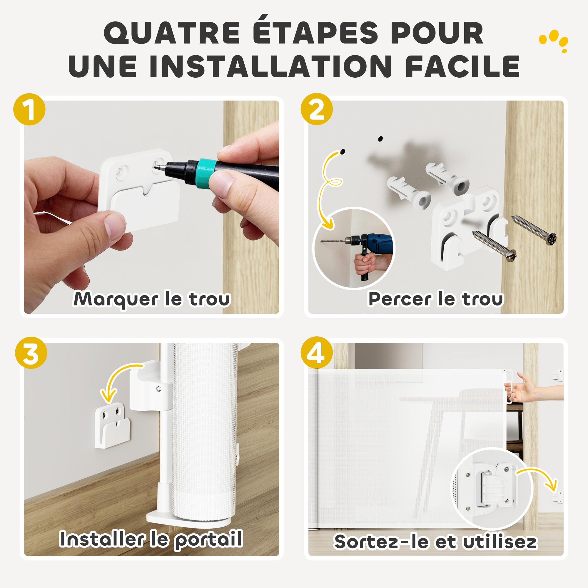 Barrière de sécurité chien rétractable 0-140 cm H.86 cm verrouillage auto alu PVC blanc