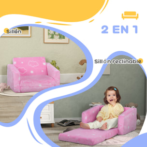 Sillón Infantil Plegable Sofá Infantil Reclinable 2 en 1 Sofá para Bebés Tapizado de Tela Luminosa Cojín y Funda Lavables para Dormitorio Salón Rosa