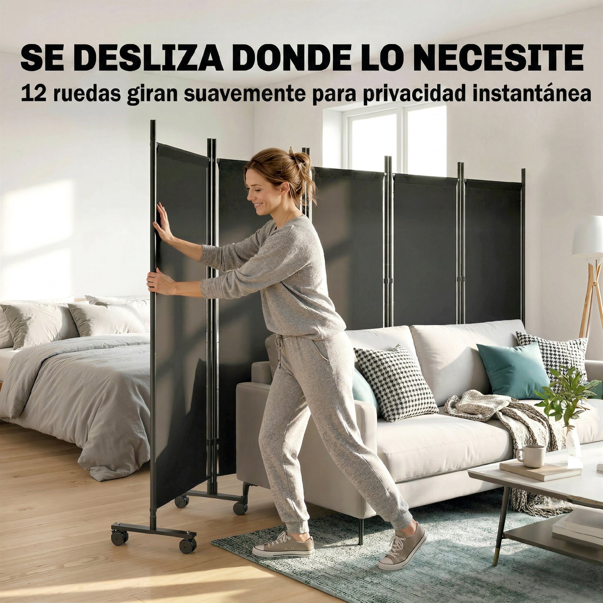 Biombo Plegable de 5 Paneles con 12 Ruedas, 252x170 cm, Biombo Separador de Ambientes con Clips de Conexión para Montaje Personalizado, para Salón u Oficina, Negro