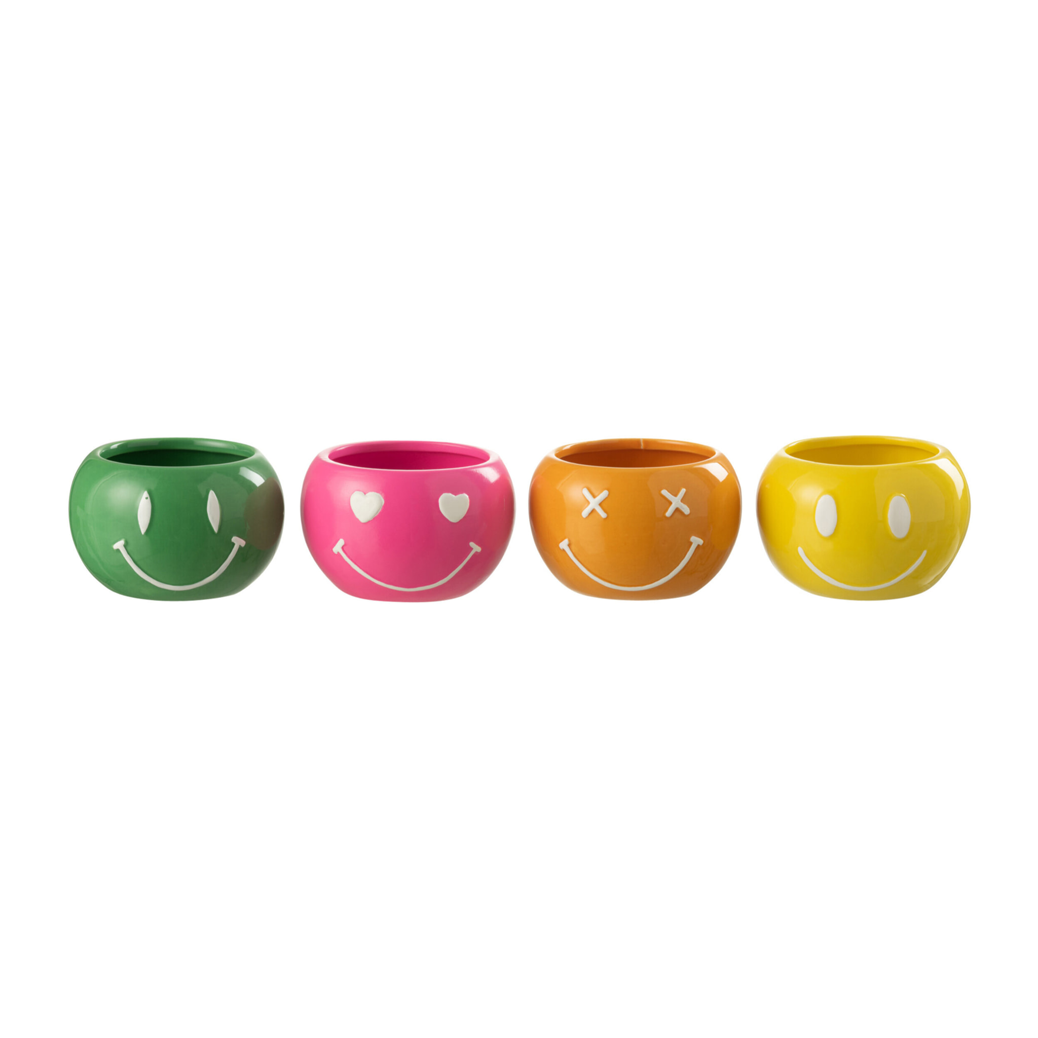 J-Line cache-pot Smiley - porcelaine - mix - small - 4 stuks - Ø 11.5 cm